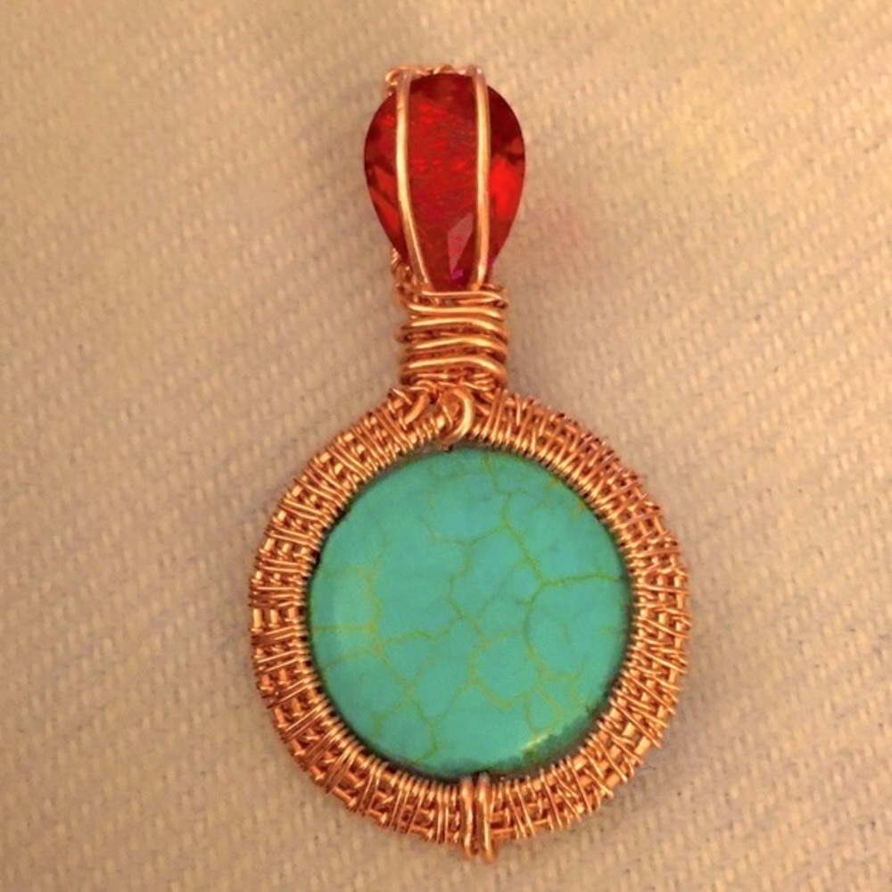 Turquoise and Garnet OOAK wrapped Copper Pendant Handmade